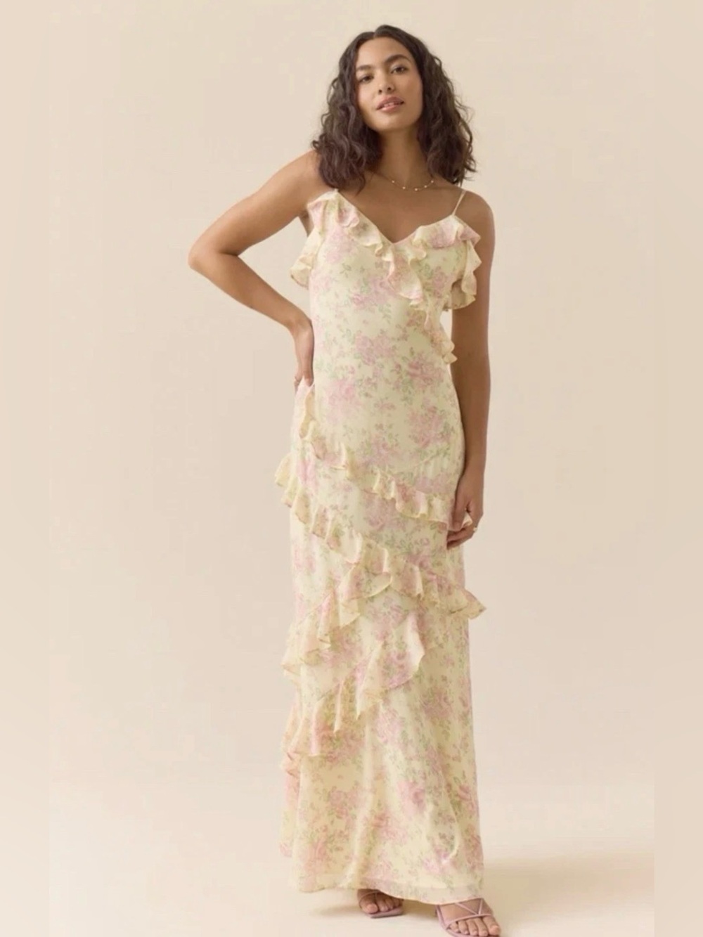 Altar'd State Pastel Yellow and Pink Floral Ruffle Maxi Dress